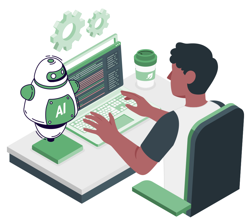 A person coding at a desk with a laptop displaying code, while a friendly AI robot stands nearby and gears float above, symbolizing automation and AI development.